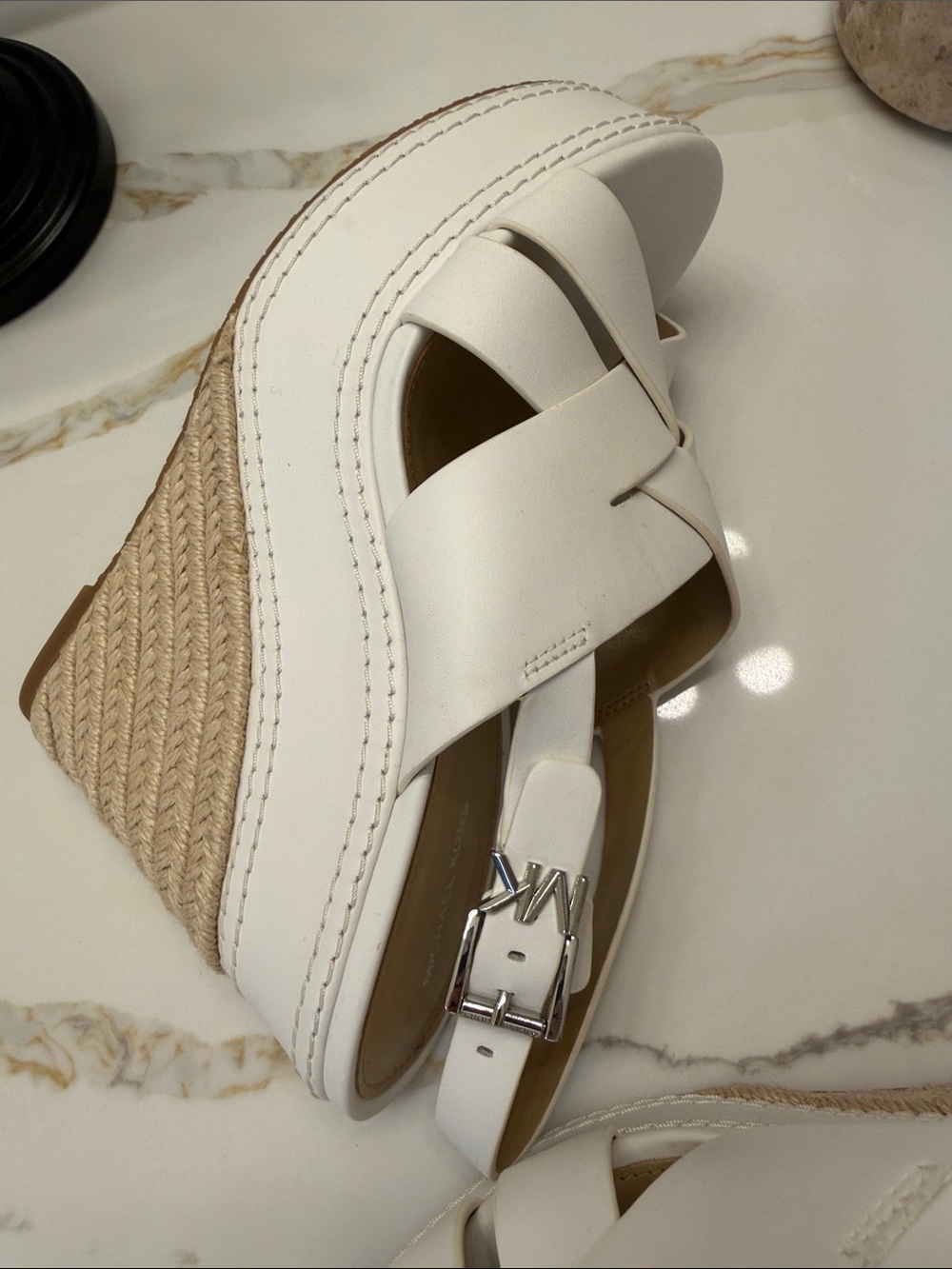 Michael Kors White Leather Espadrille Wedge Sandals - Picture 5 of 7